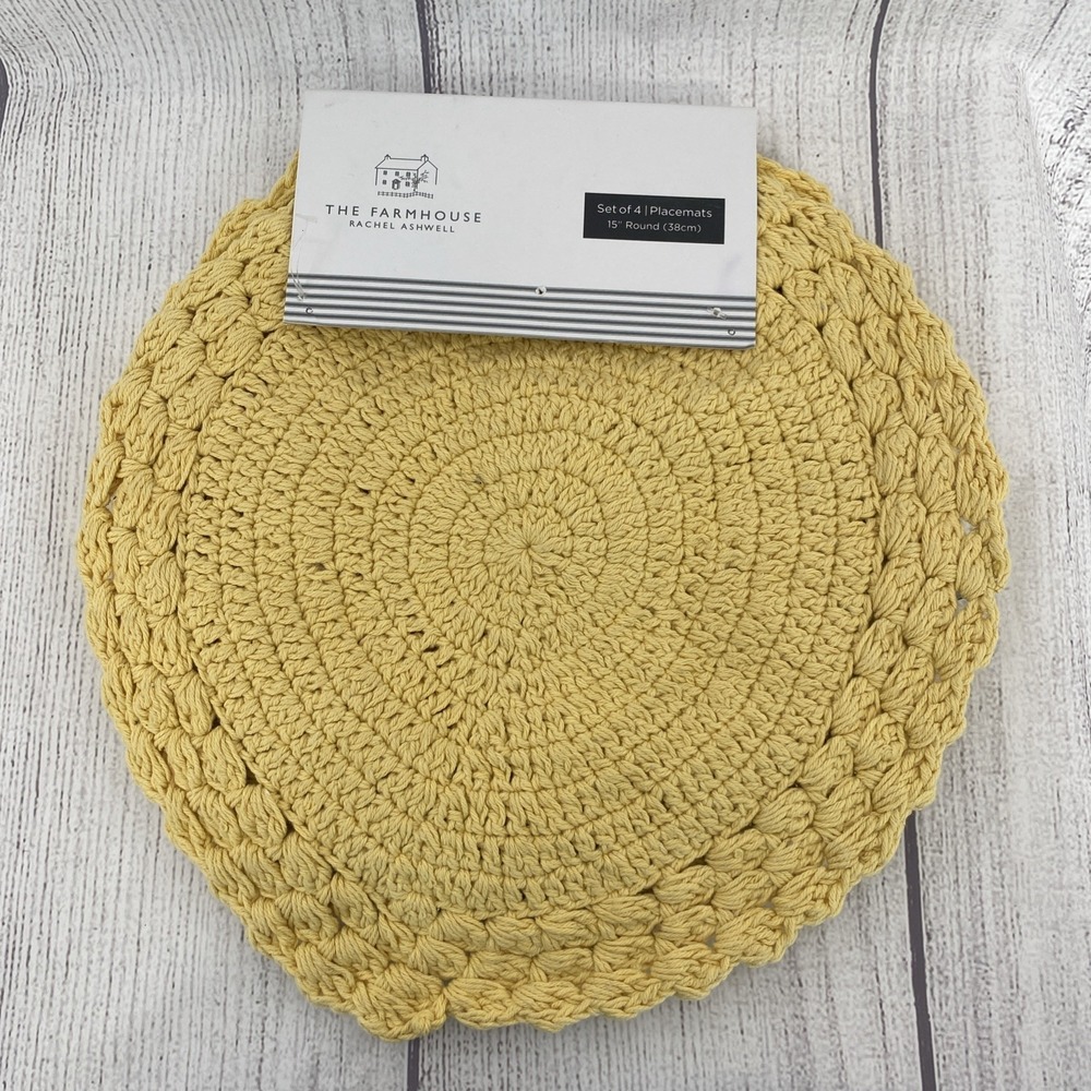 Rachel Ashwell Farmhouse Placemats (4) Yellow Round 15" Crochet Cotton Summer